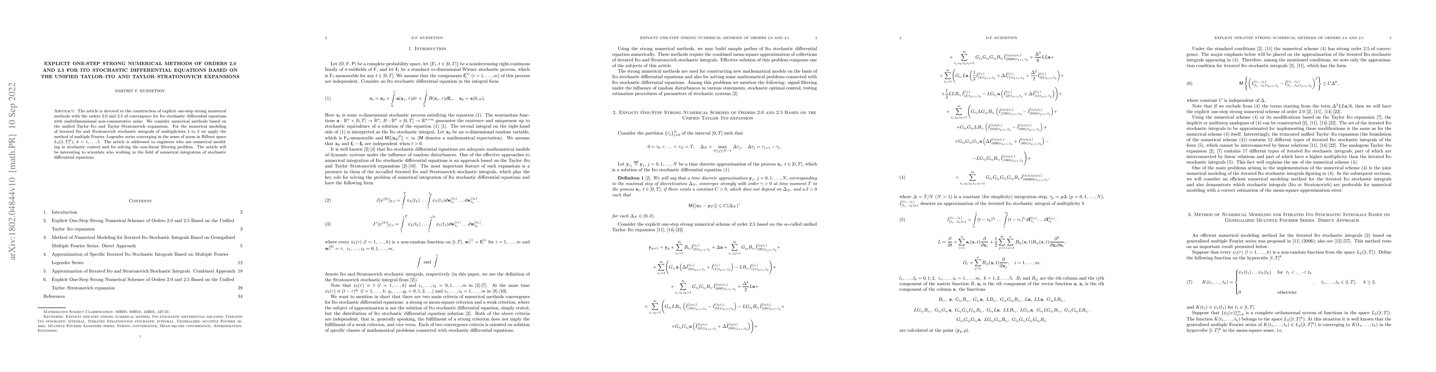 Thumbnail for Explicit One-Step Strong Numerical Methods of Orders 2.0 and 2.5 for Ito
  Stochastic Differential Equations Based on the Unified Taylor-Ito and
  Taylor-Stratonovich Expansions