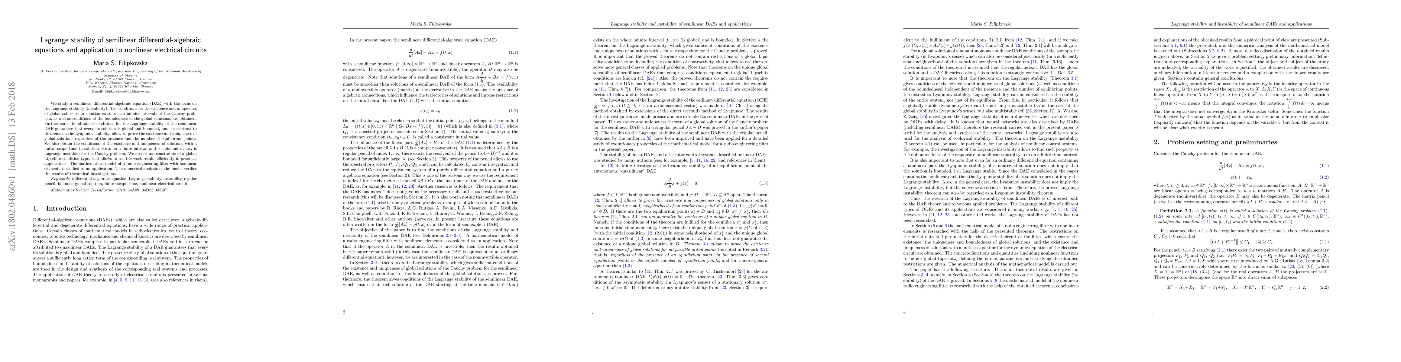 Thumbnail for Lagrange stability of semilinear differential-algebraic equations and
  application to nonlinear electrical circuits