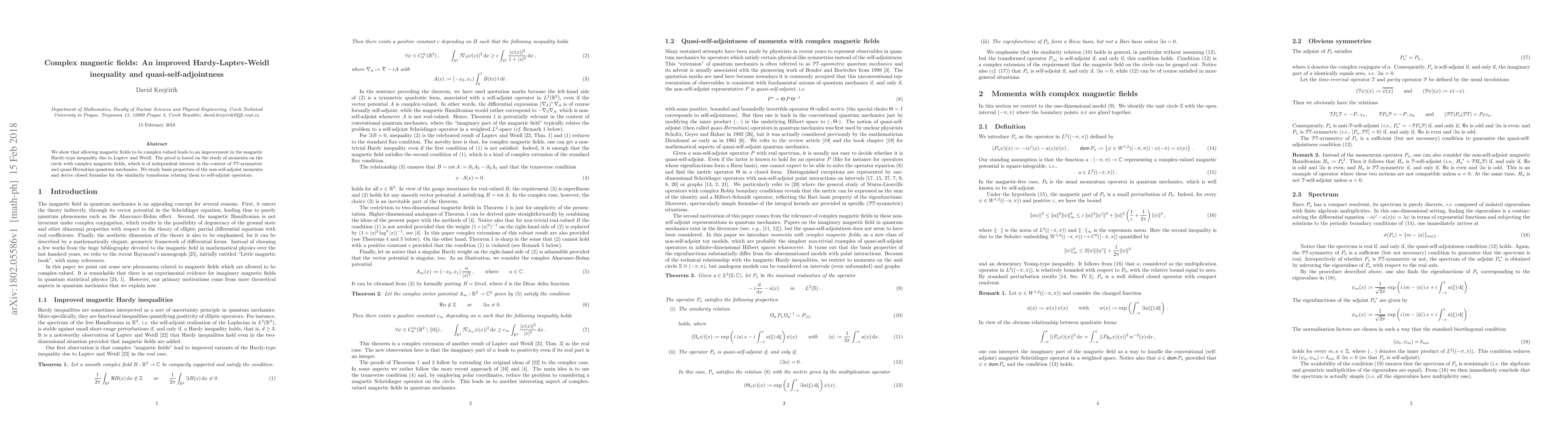 Thumbnail for Complex magnetic fields: An improved Hardy-Laptev-Weidl inequality and
  quasi-self-adjointness