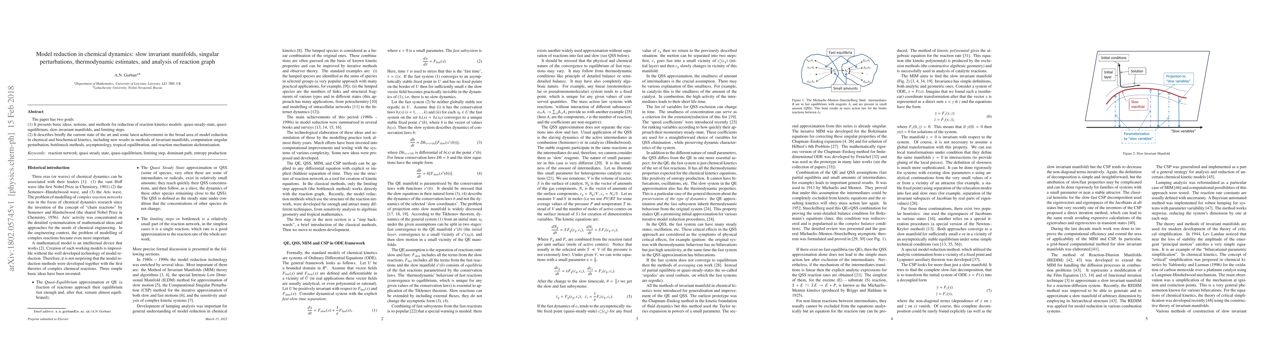 Thumbnail for Model reduction in chemical dynamics: slow invariant manifolds, singular
  perturbations, thermodynamic estimates, and analysis of reaction graph