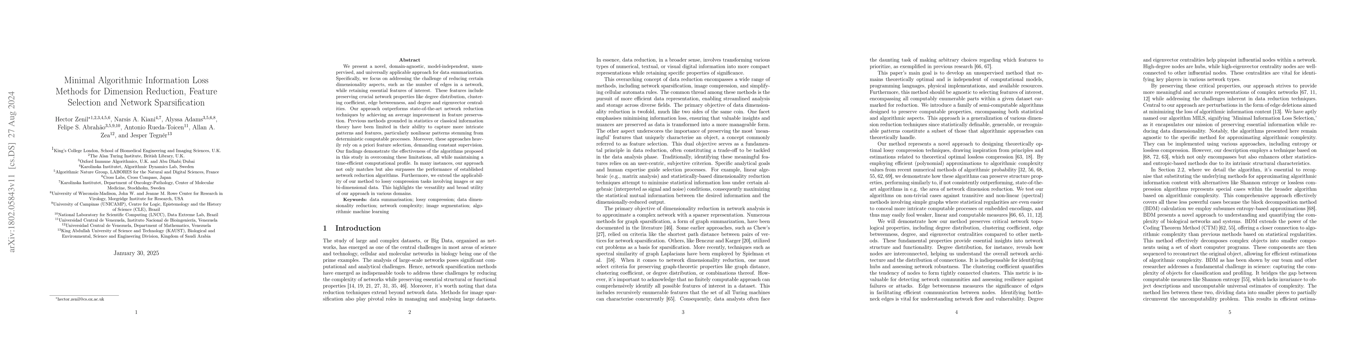 Thumbnail for Minimal Algorithmic Information Loss Methods for Dimension Reduction,
  Feature Selection and Network Sparsification