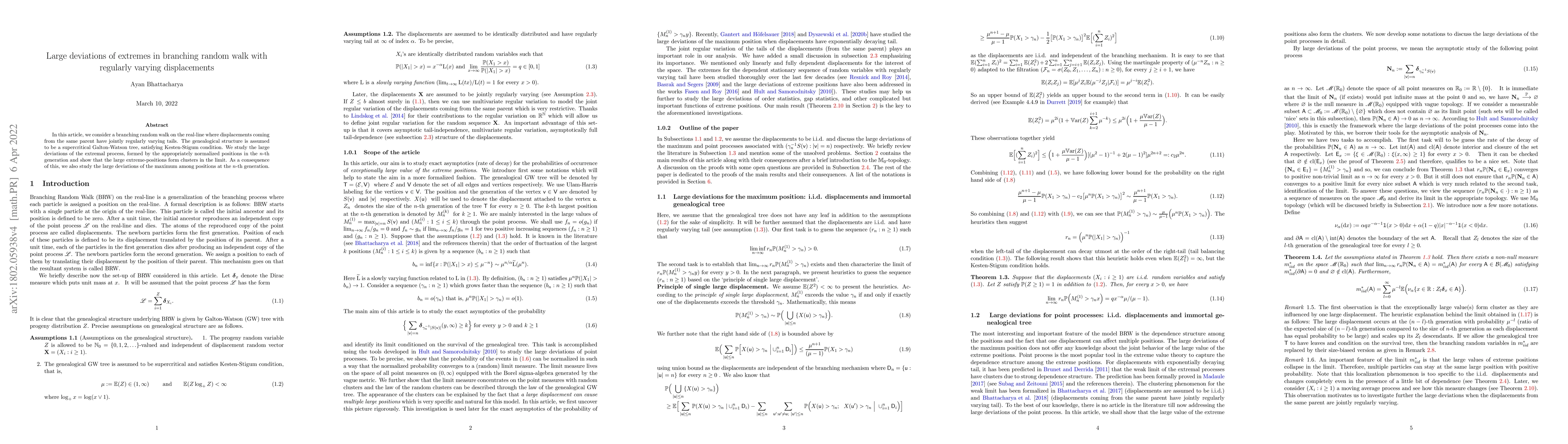 Thumbnail for Large deviations of extremes in branching random walk with regularly
  varying displacements