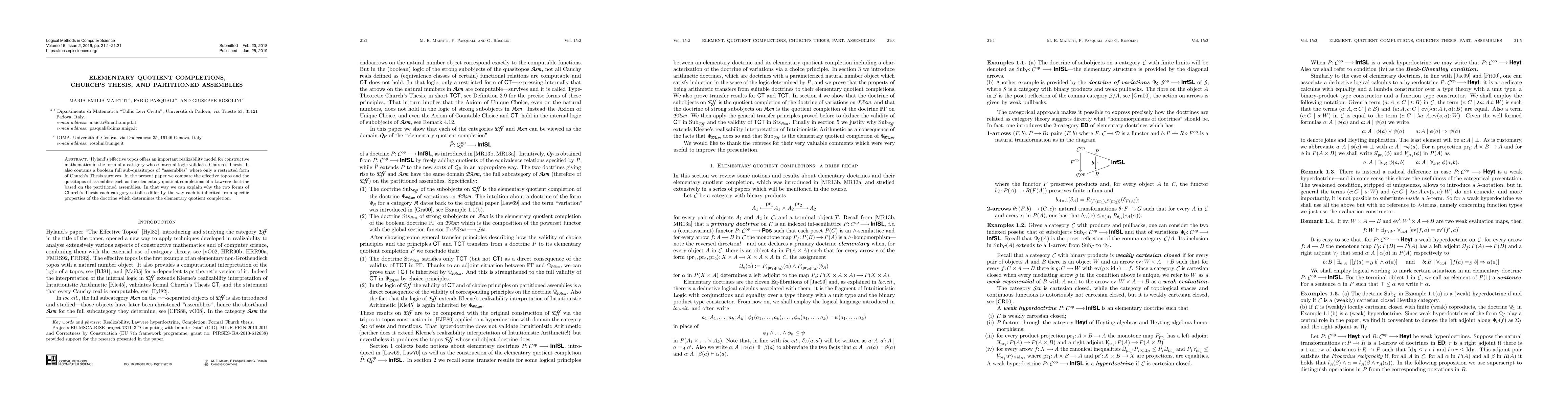 Thumbnail for Elementary Quotient Completions, Church's Thesis, and Partioned
  Assemblies