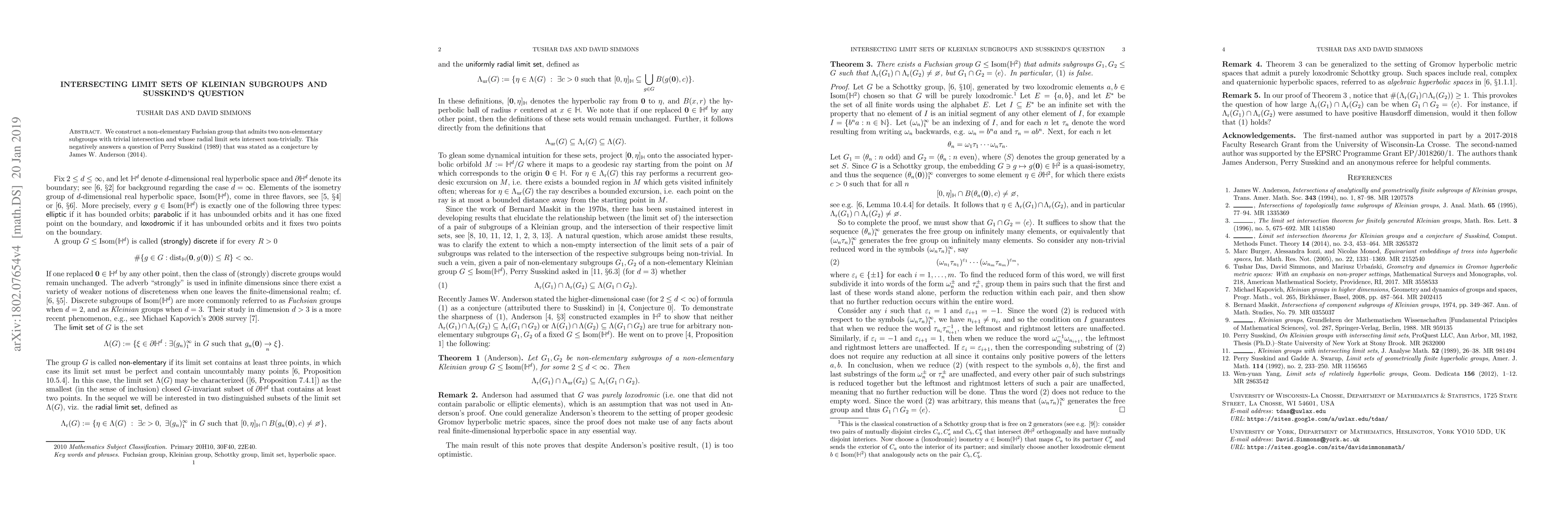 Thumbnail for Intersecting limit sets of Kleinian subgroups and Susskind's question