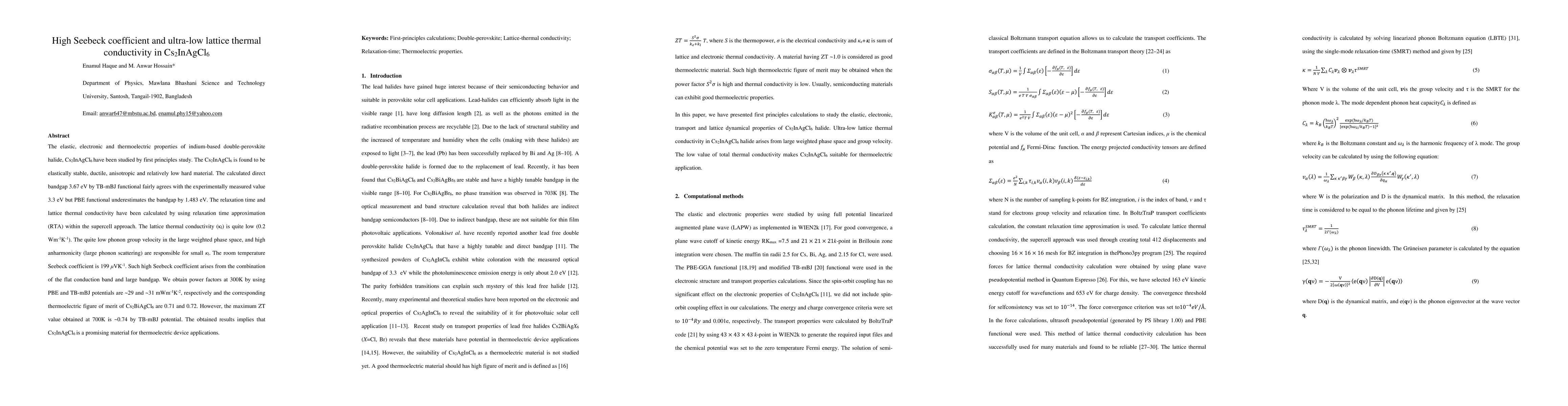 Thumbnail for High Seebeck coefficient and ultra-low lattice thermal conductivity in
  Cs2InAgCl6