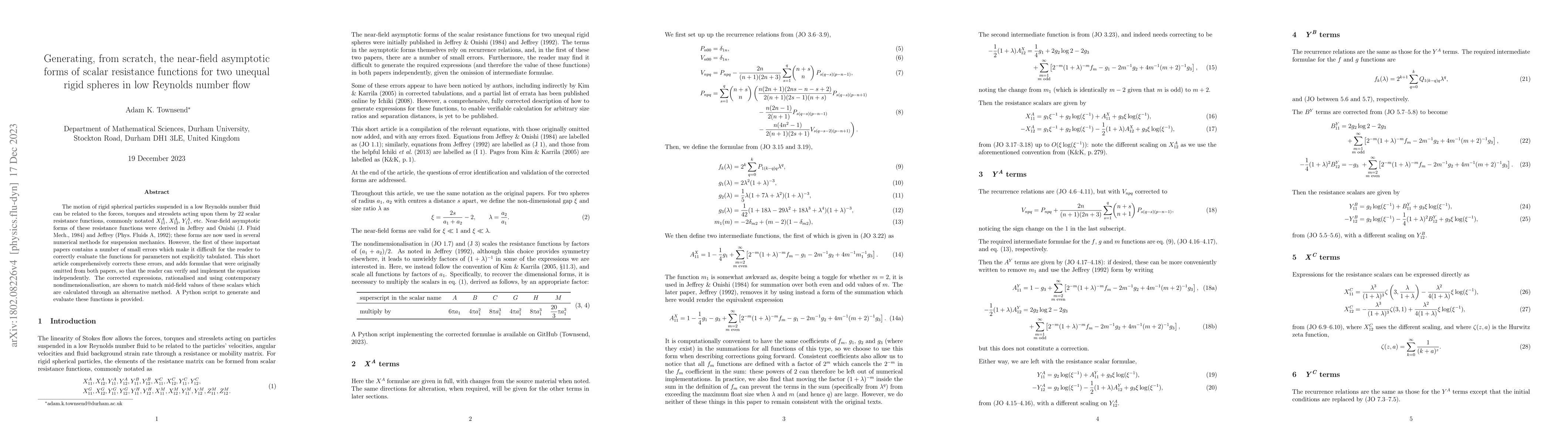 Thumbnail for Generating, from scratch, the near-field asymptotic forms of scalar
  resistance functions for two unequal rigid spheres in low Reynolds number
  flow