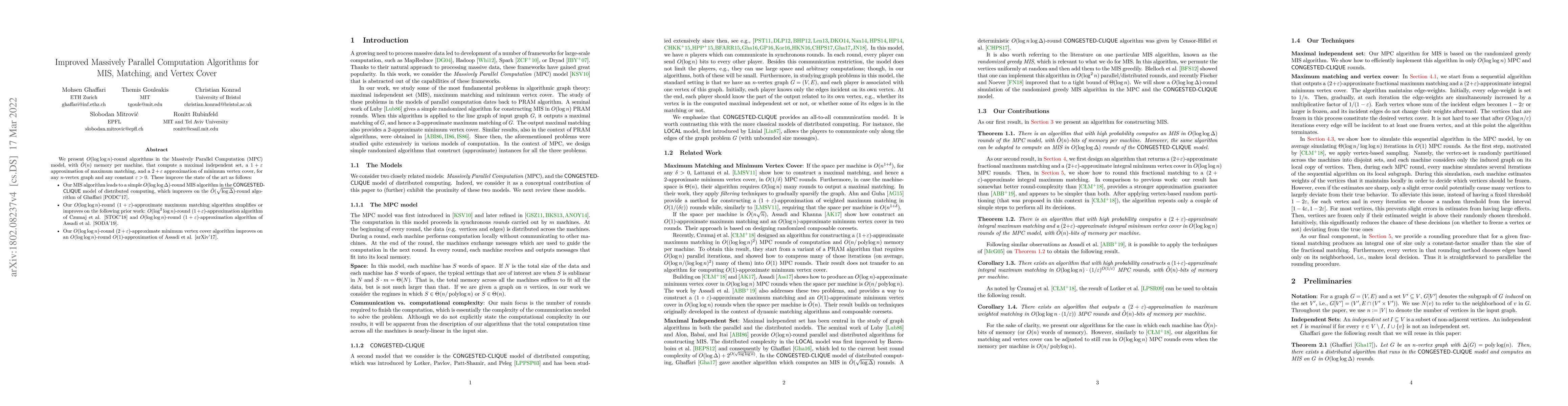 Thumbnail for Improved Massively Parallel Computation Algorithms for MIS, Matching,
  and Vertex Cover