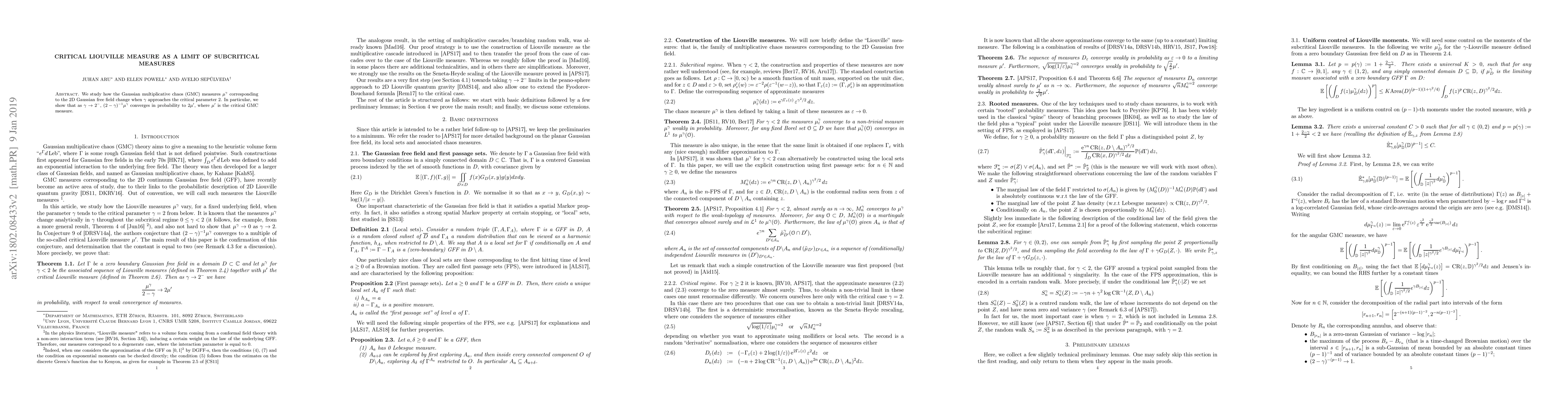 Thumbnail for Critical Liouville measure as a limit of subcritical measures
