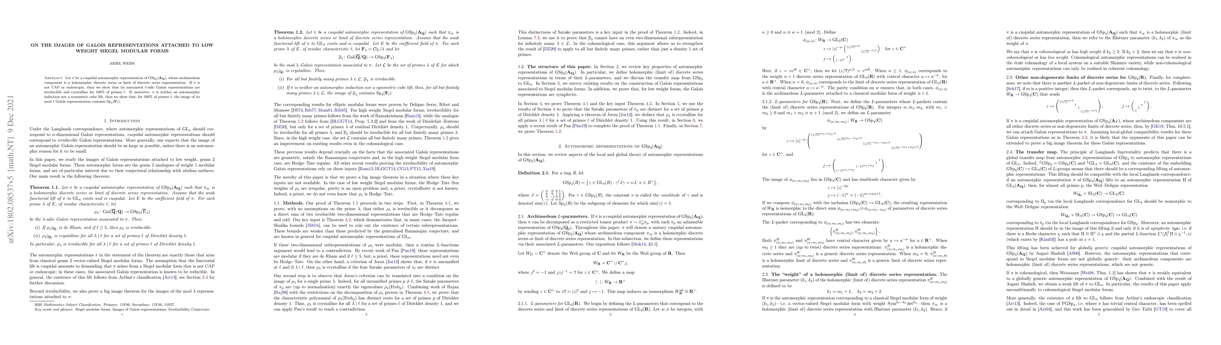 Thumbnail for On the images of Galois representations attached to low weight Siegel
  modular forms