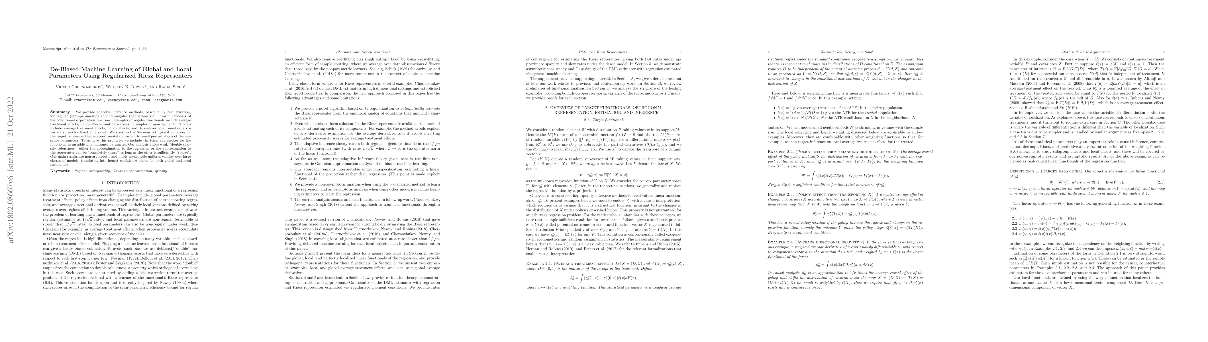 Thumbnail for De-Biased Machine Learning of Global and Local Parameters Using
  Regularized Riesz Representers