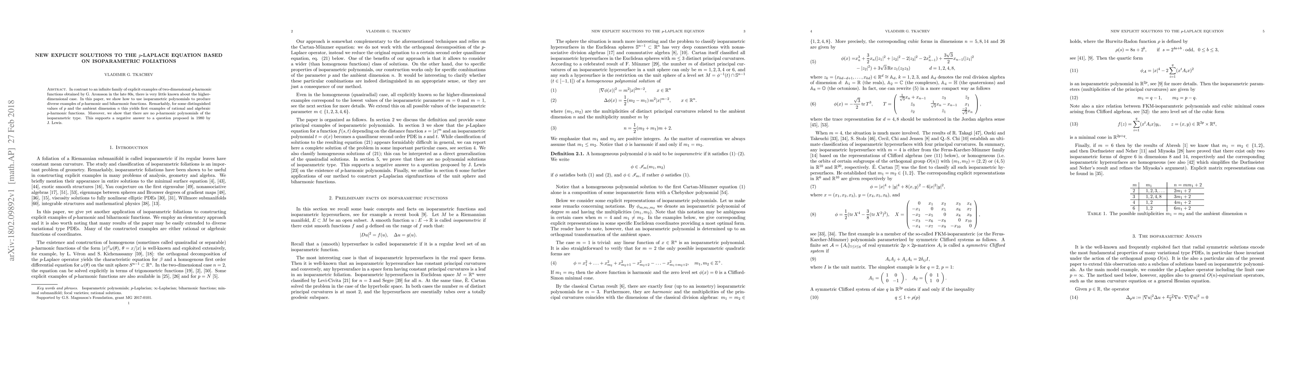 Thumbnail for New explicit solutions to the $p$-Laplace equation based on
  isoparametric foliations