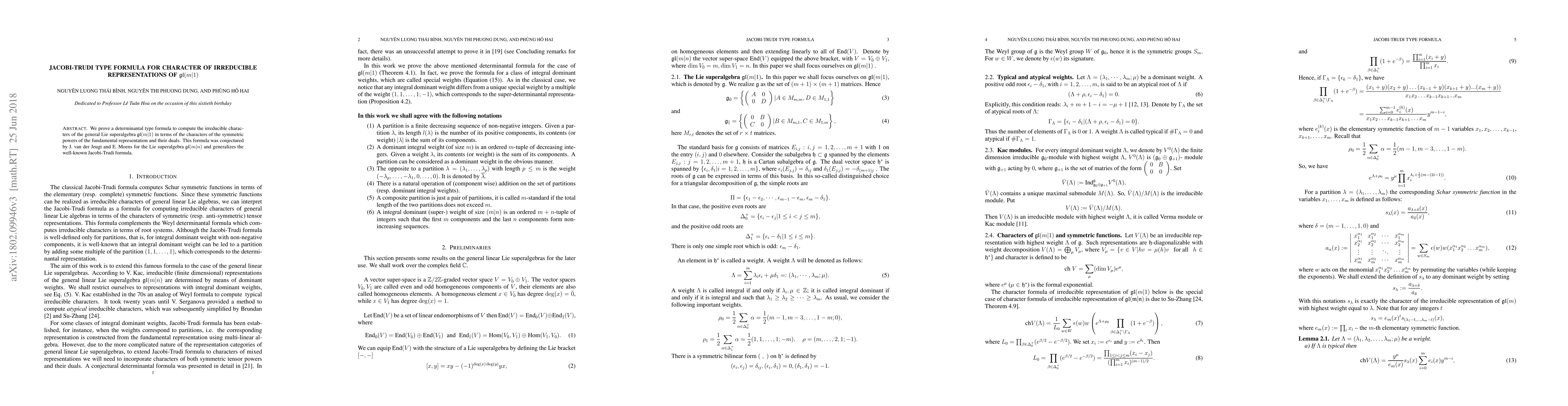 Thumbnail for Jacobi-Trudi type formula for character of irreducible representations
  of $\frak{gl}(m|1)$