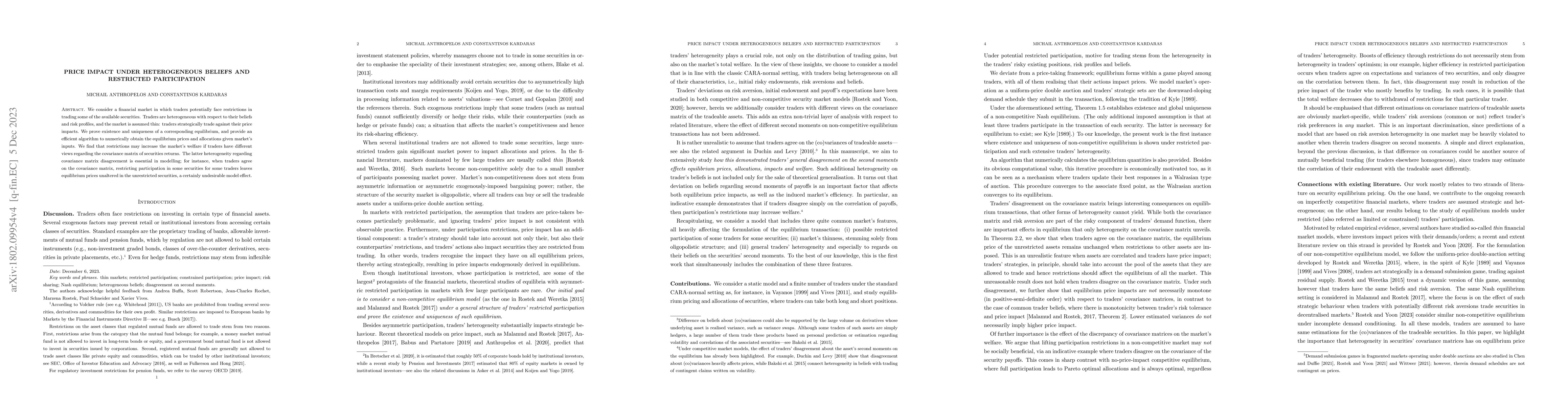 Thumbnail for Price Impact Under Heterogeneous Beliefs and Restricted Participation