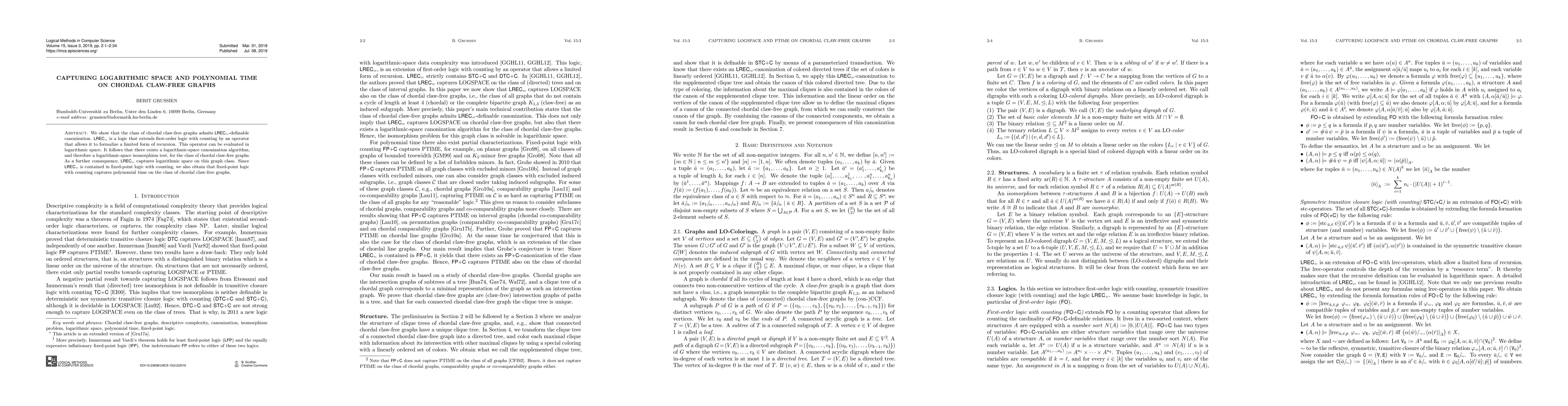 Thumbnail for Capturing Logarithmic Space and Polynomial Time on Chordal Claw-Free
  Graphs