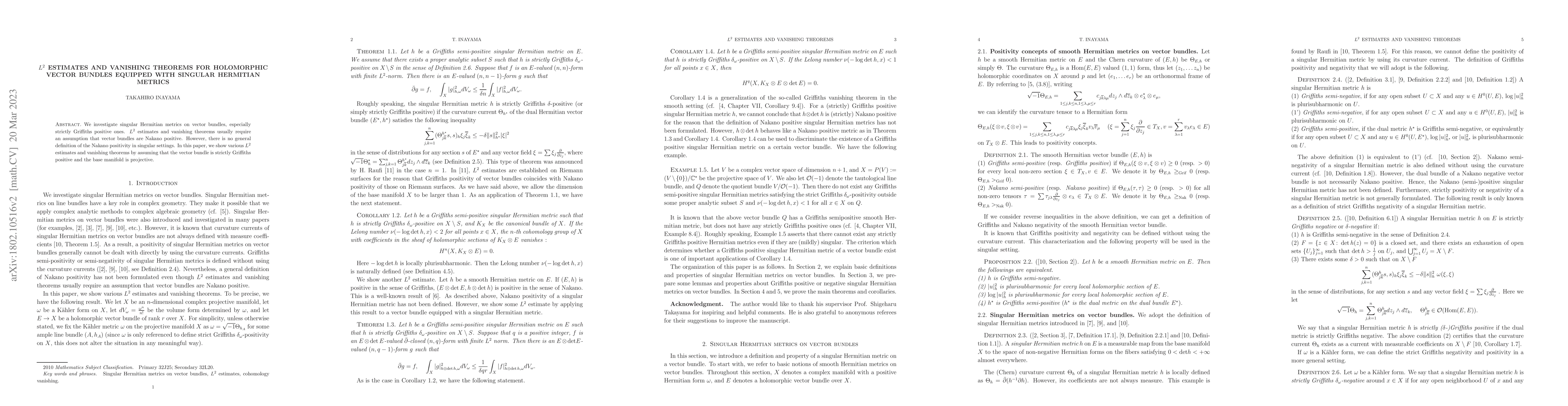 Thumbnail for $L^2$ estimates and vanishing theorems for holomorphic vector bundles
  equipped with singular Hermitian metrics