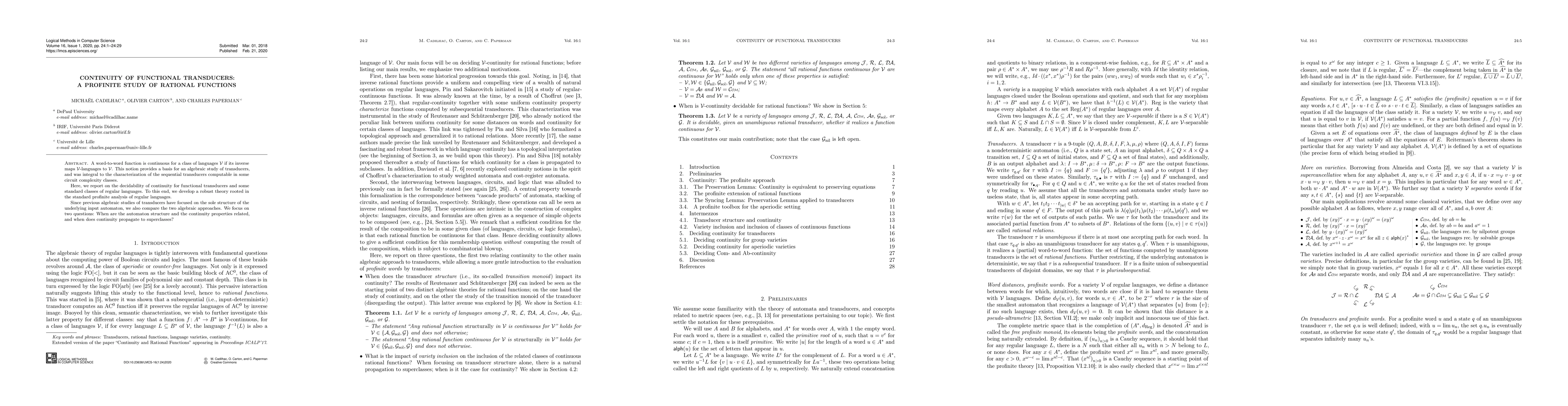 Thumbnail for Continuity of Functional Transducers: A Profinite Study of Rational
  Functions