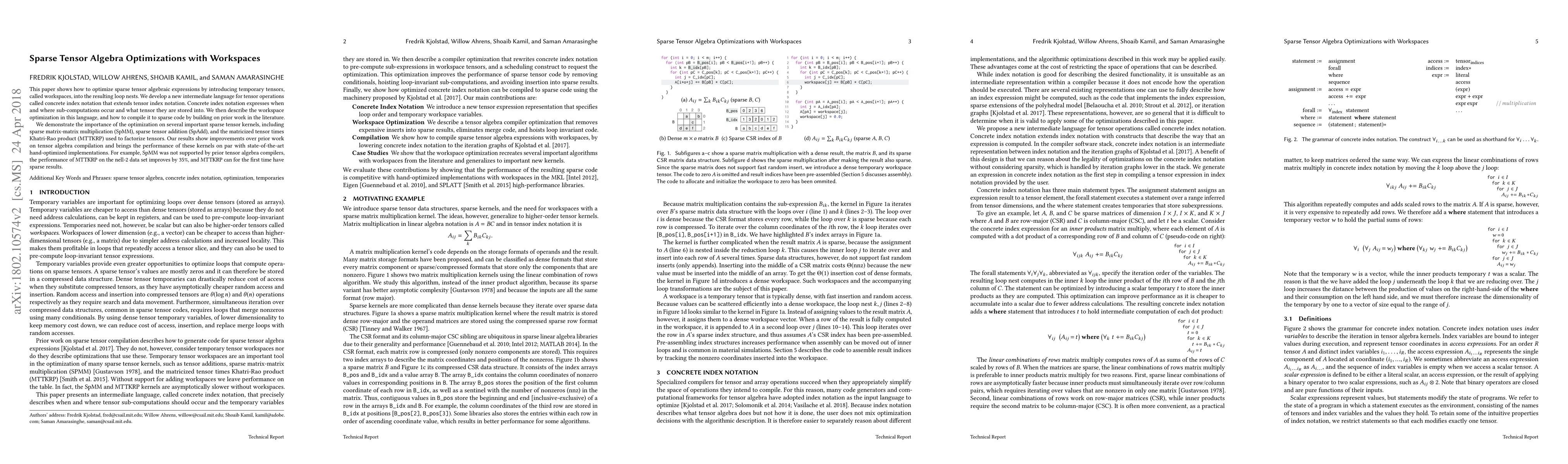 Thumbnail for Sparse Tensor Algebra Optimizations with Workspaces