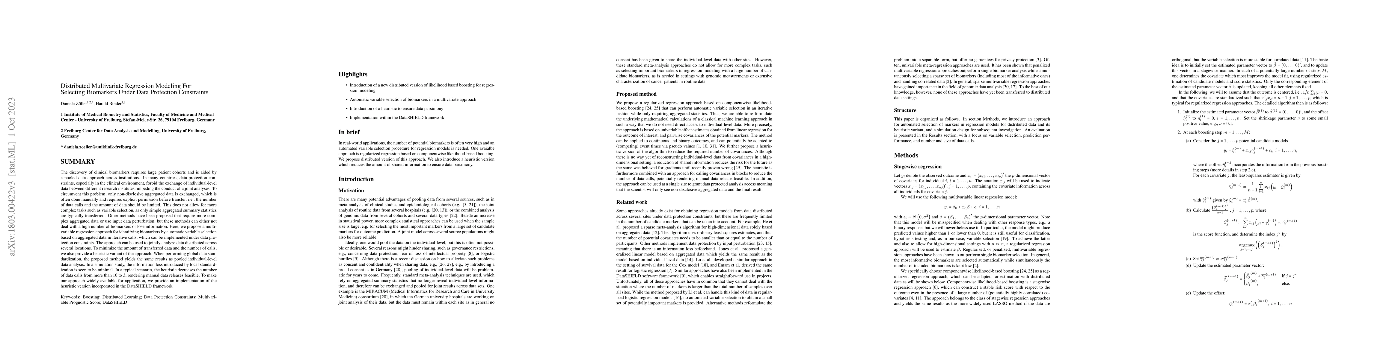Thumbnail for Distributed Multivariate Regression Modeling For Selecting Biomarkers
  Under Data Protection Constraints