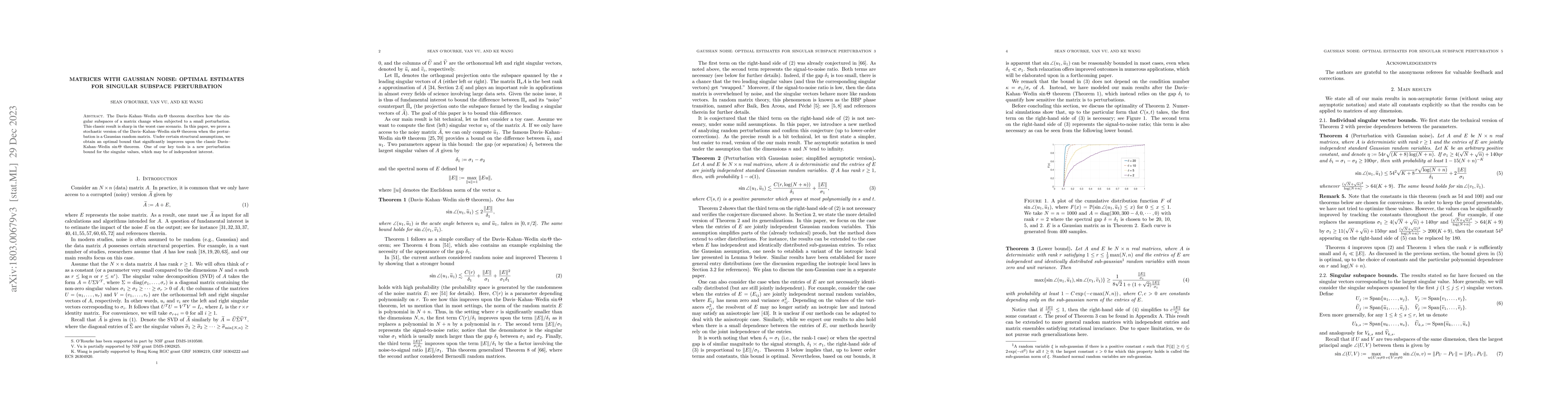 Thumbnail for Matrices with Gaussian noise: optimal estimates for singular subspace
  perturbation