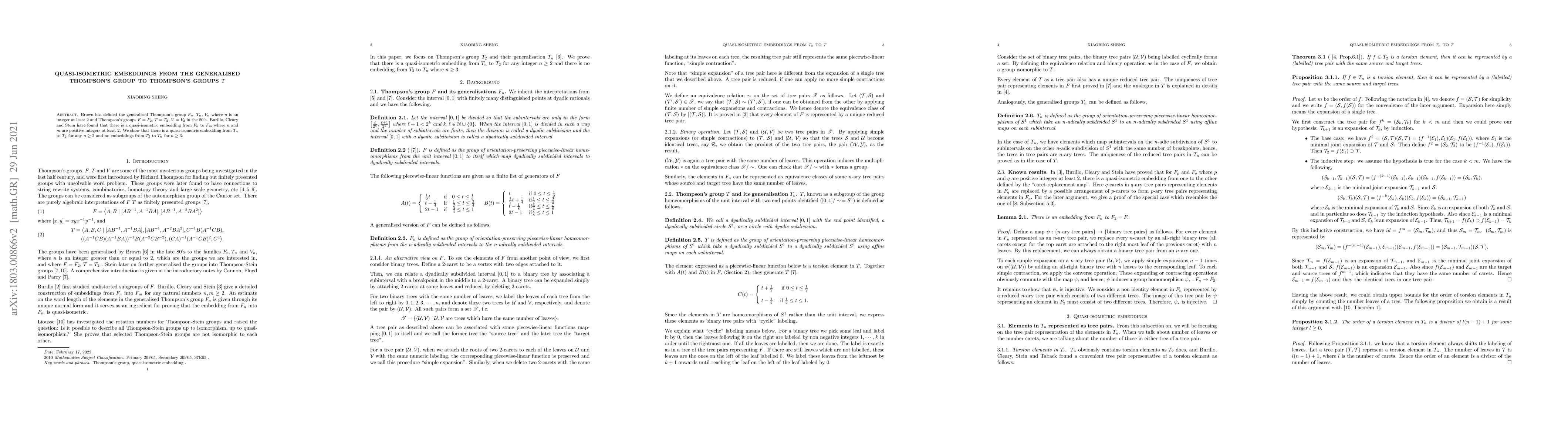 Thumbnail for Quasi-isometric embedding from the generalised Thompson's group $T_n$ to
  $T$