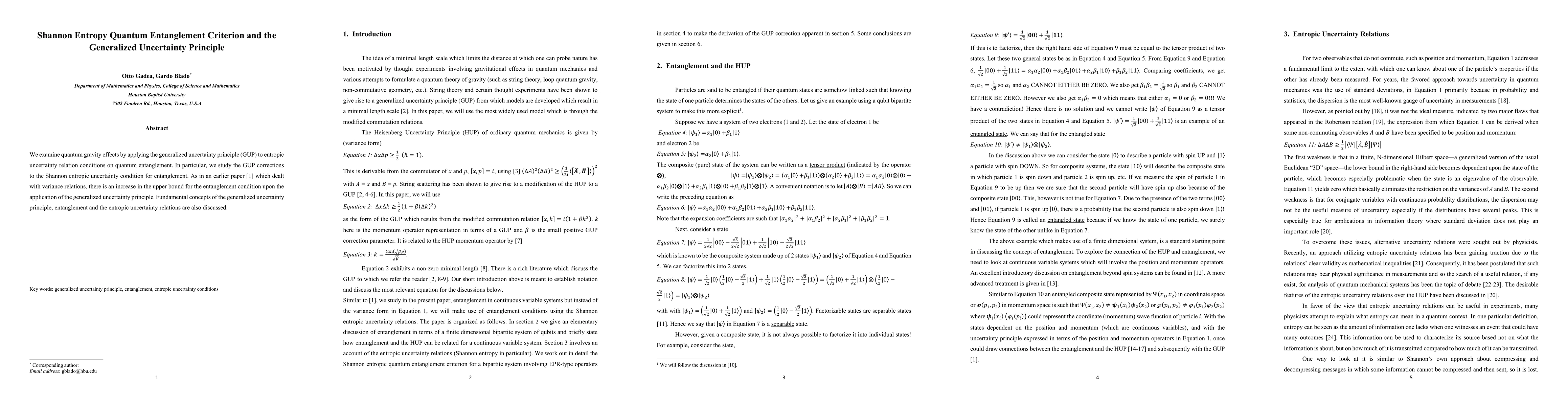 Thumbnail for Shannon Entropy Quantum Entanglement Criterion and the Generalized
  Uncertainty Principle