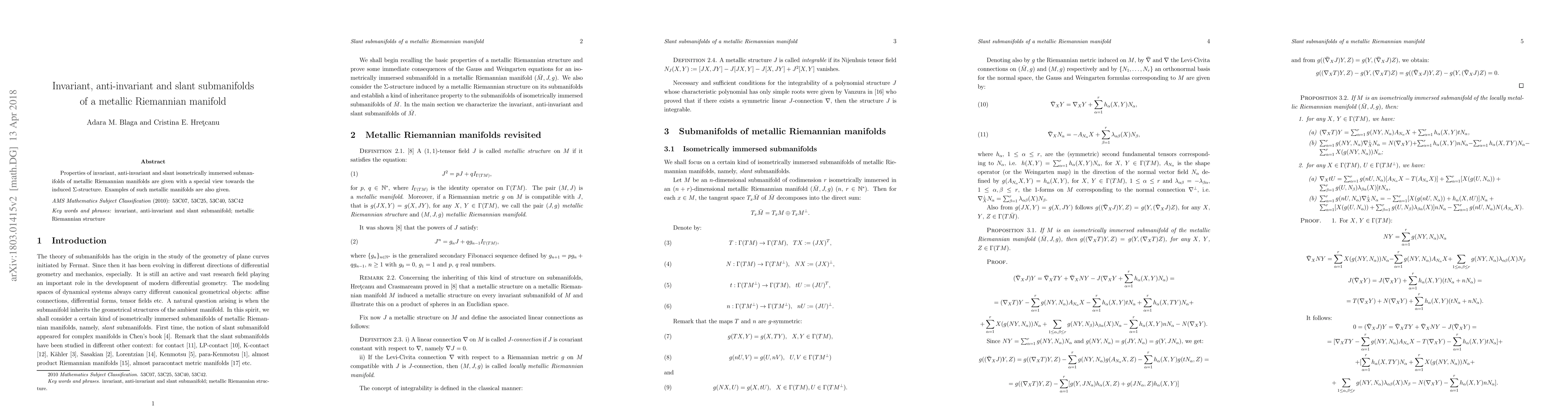 Thumbnail for Invariant, anti-invariant and slant submanifolds of a metallic
  Riemannian manifold