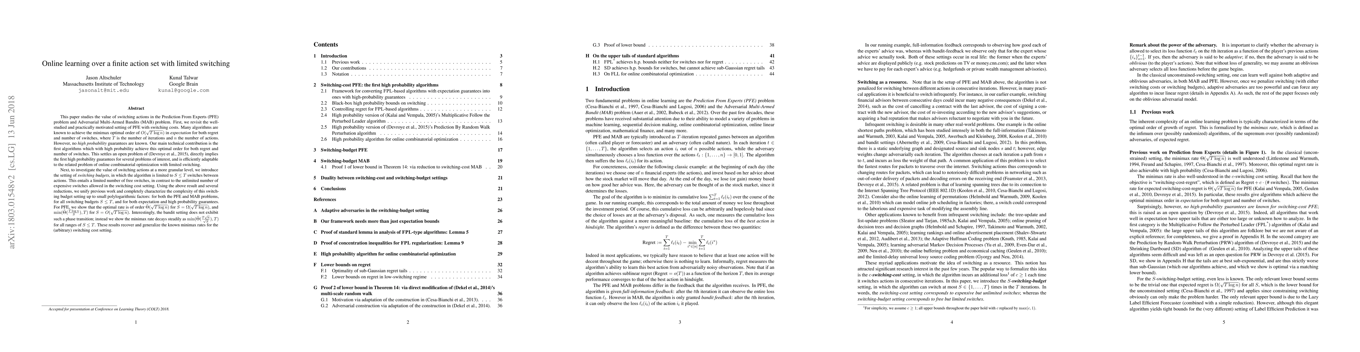 Thumbnail for Online learning over a finite action set with limited switching