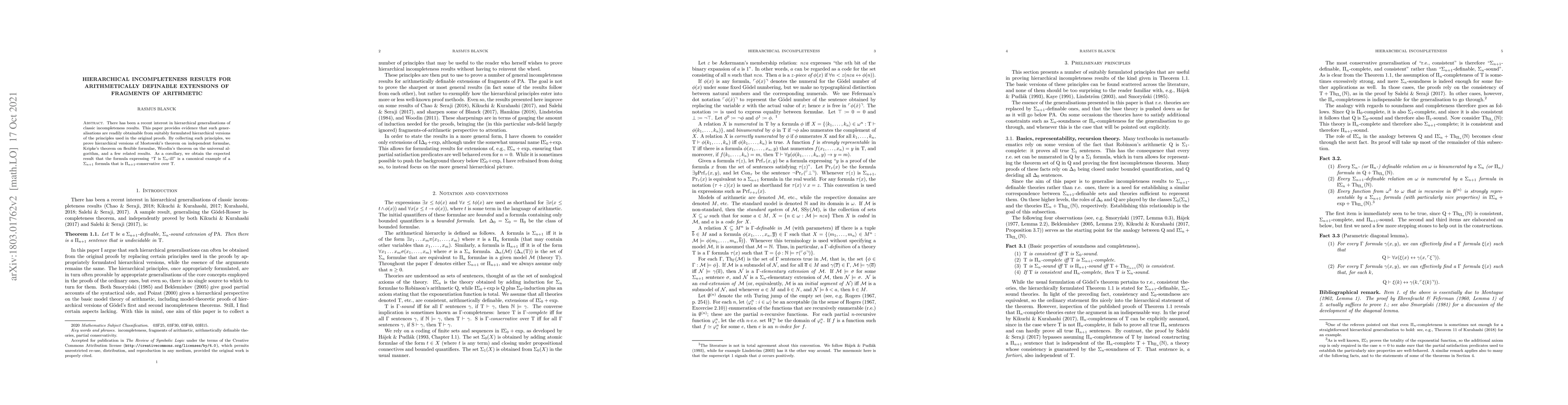 Thumbnail for Hierarchical incompleteness results for arithmetically definable
  extensions of fragments of arithmetic