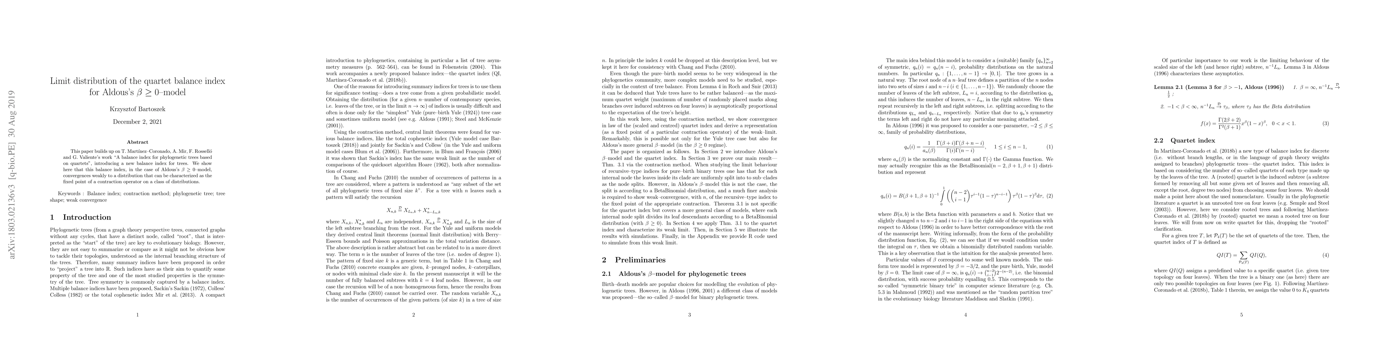 Thumbnail for Limit distribution of the quartet balance index for Aldous's b>=0-model