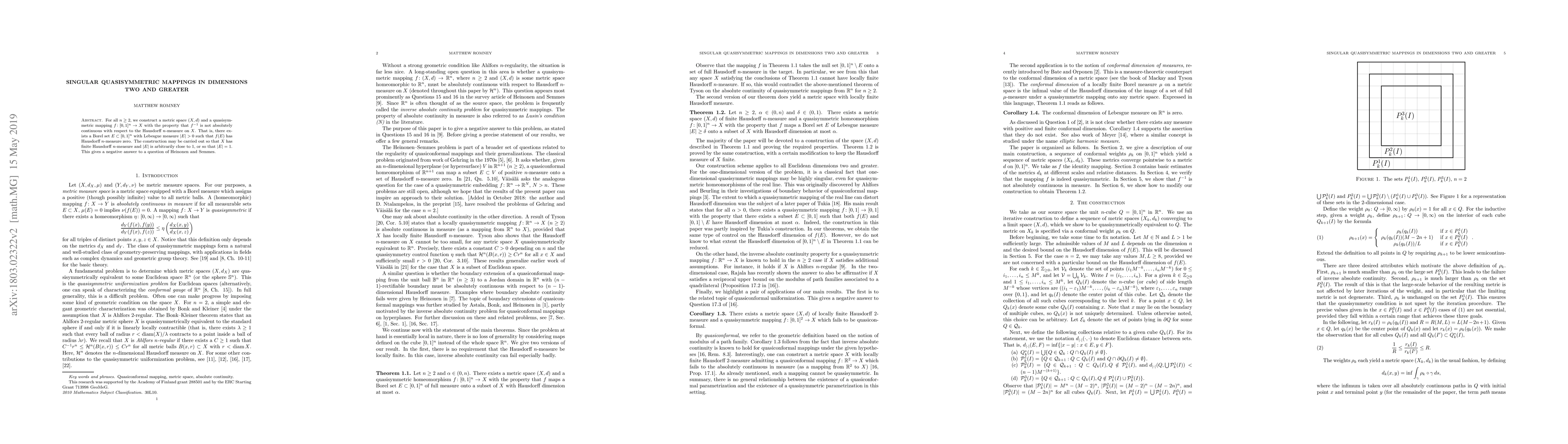 Thumbnail for Singular quasisymmetric mappings in dimensions two and greater