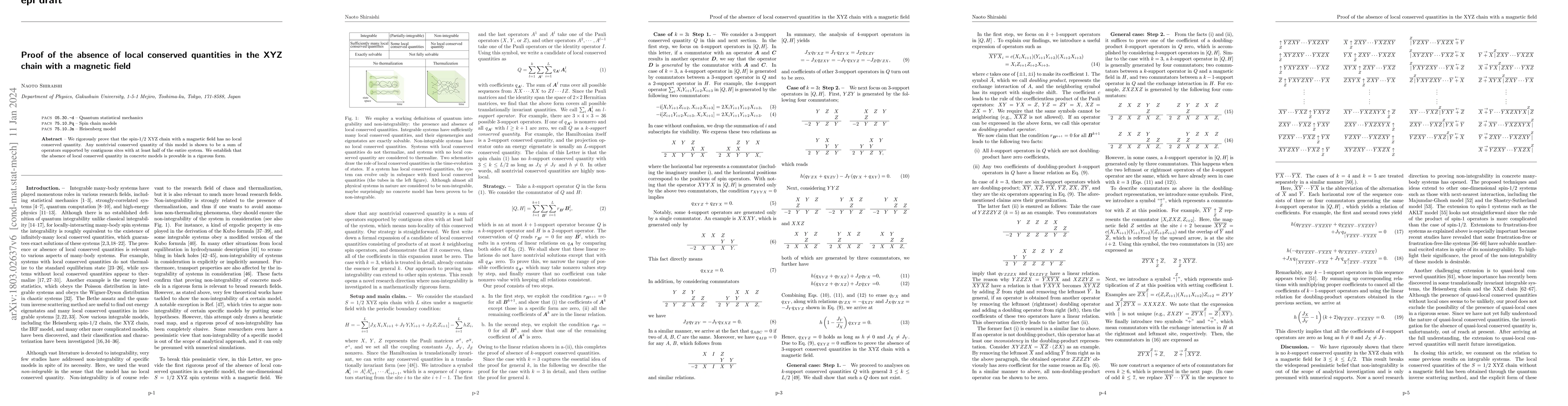 Thumbnail for Proof of the absence of local conserved quantities in the XYZ chain with
  a magnetic field