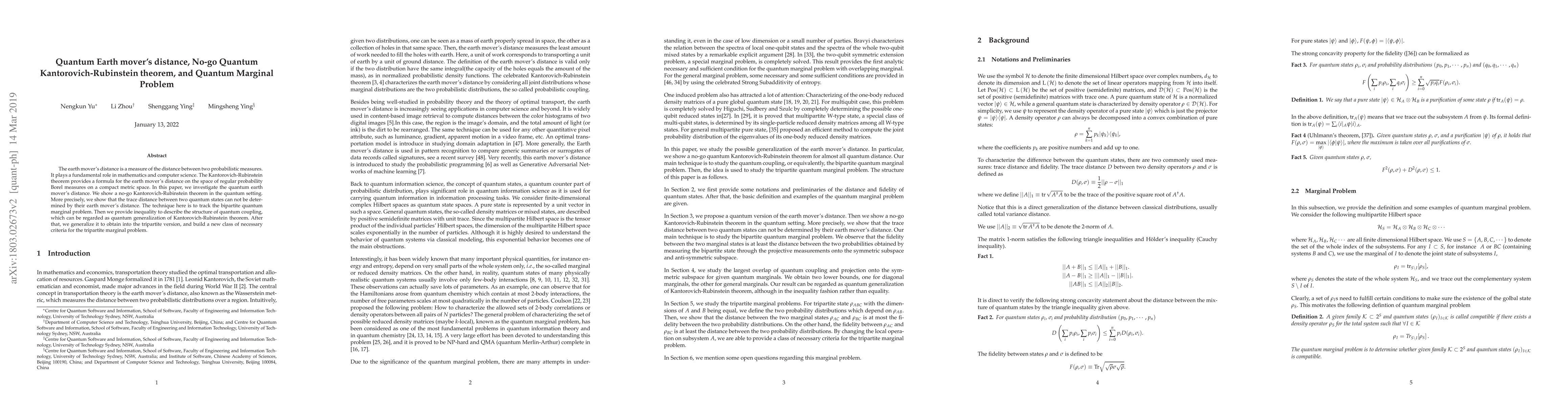 Thumbnail for Quantum Earth mover's distance, No-go Quantum Kantorovich-Rubinstein
  theorem, and Quantum Marginal Problem
