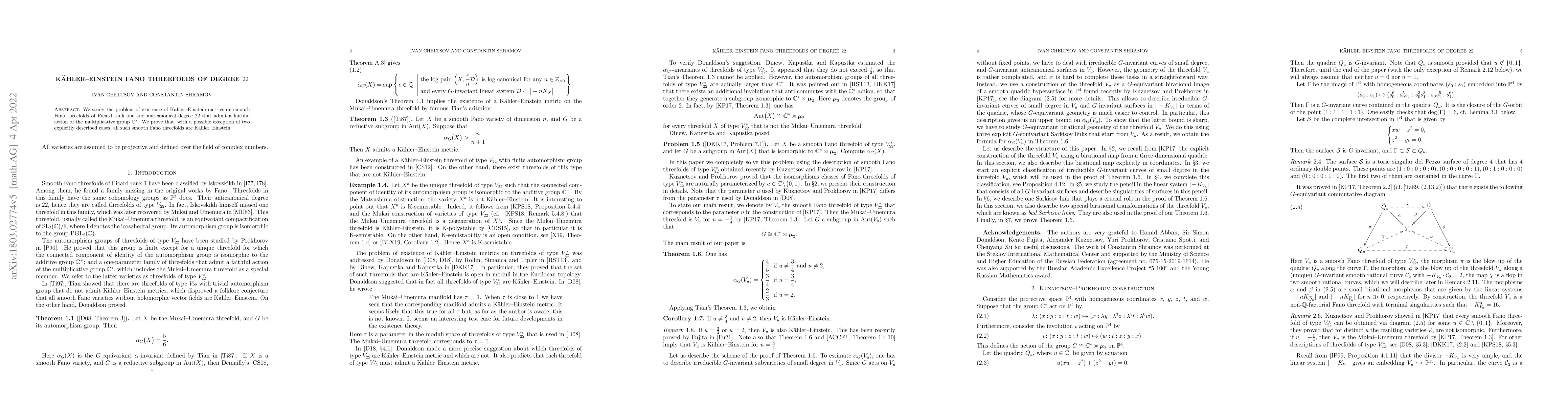 Thumbnail for Kaehler-Einstein Fano threefolds of degree 22
