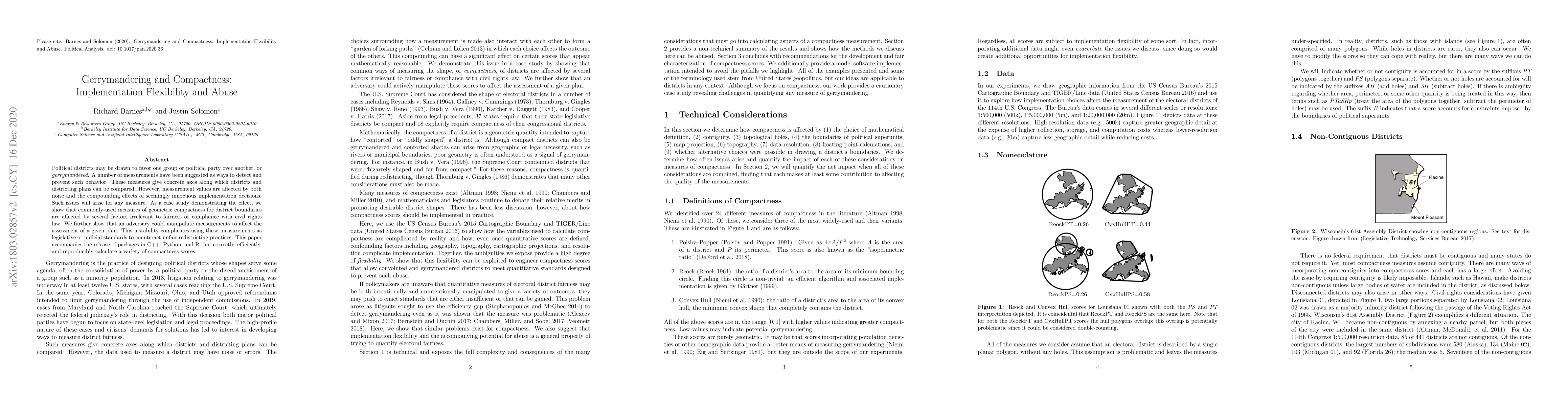 Thumbnail for Gerrymandering and Compactness: Implementation Flexibility and Abuse