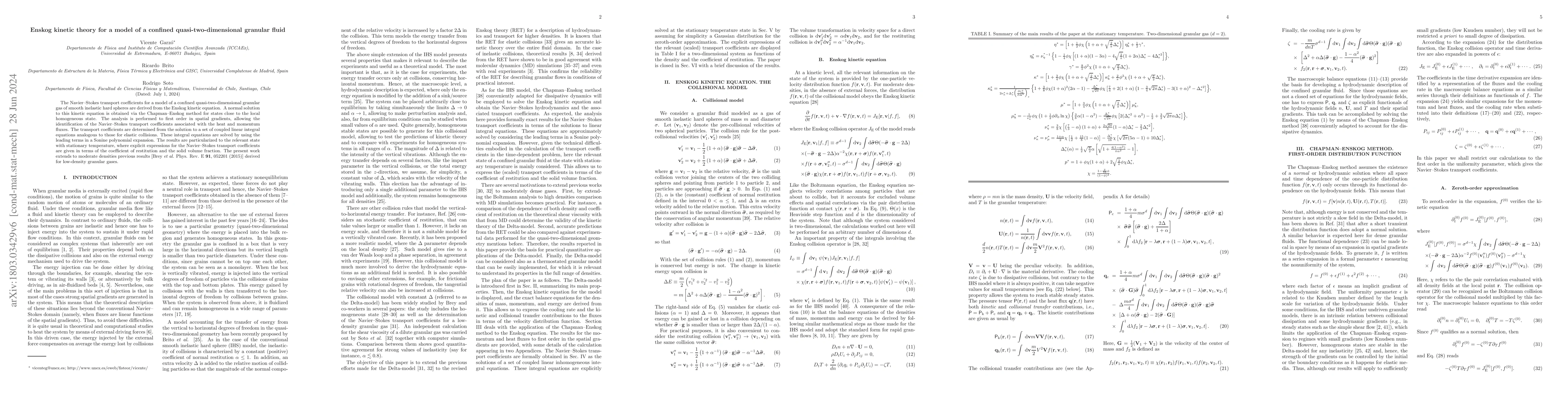 Thumbnail for Enskog kinetic theory for a model of a confined quasi-two-dimensional
  granular fluid
