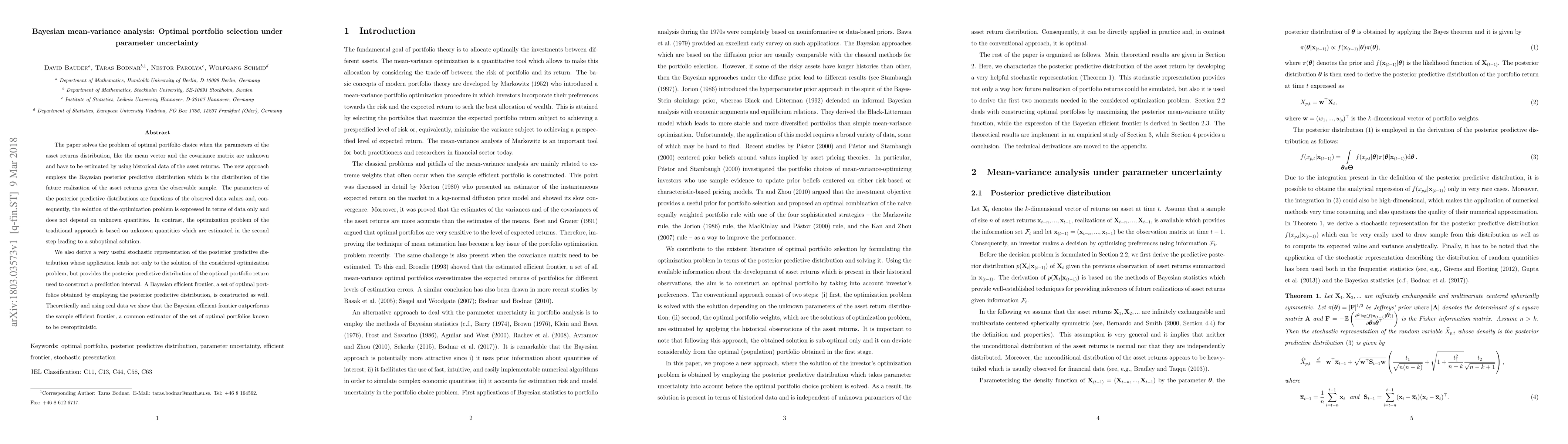 Thumbnail for Bayesian mean-variance analysis: Optimal portfolio selection under
  parameter uncertainty