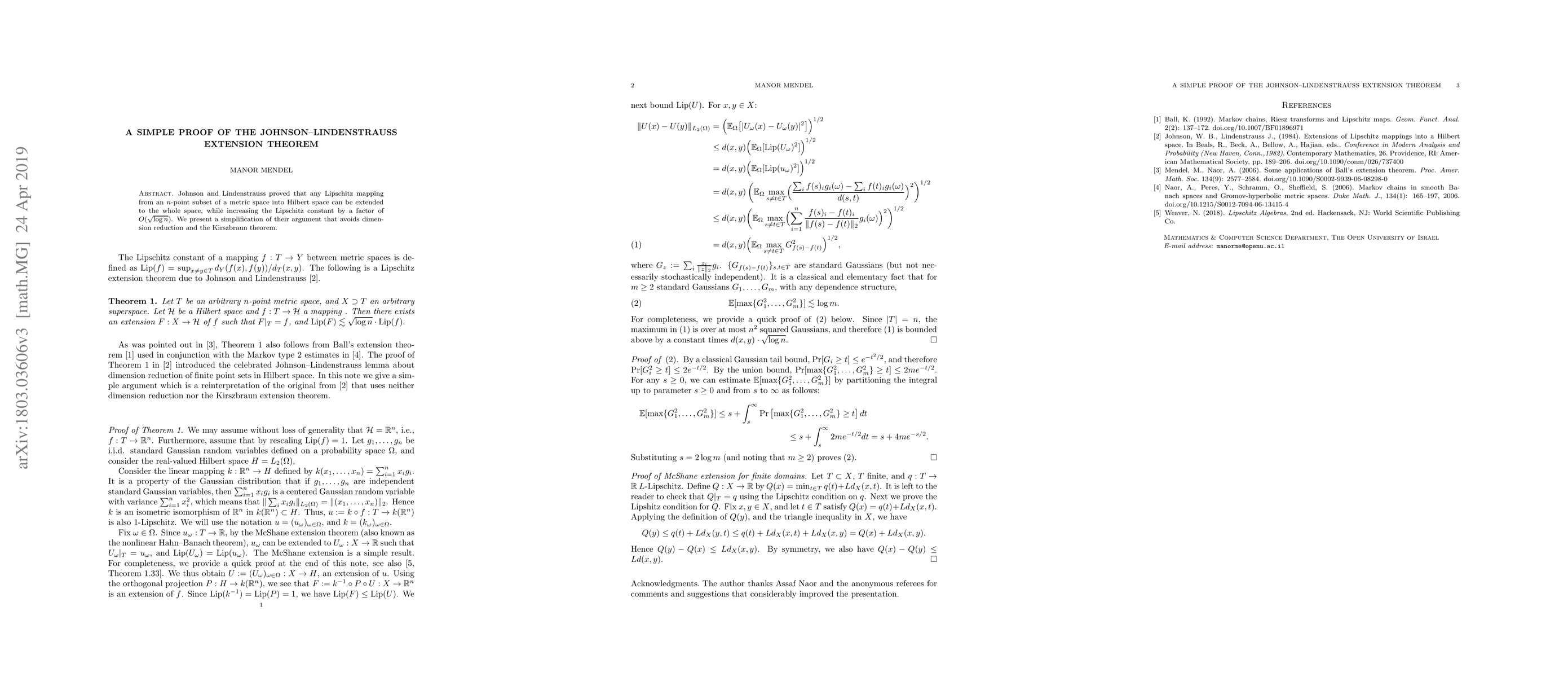 Thumbnail for A Simple proof of Johnson-Lindenstrauss extension theorem