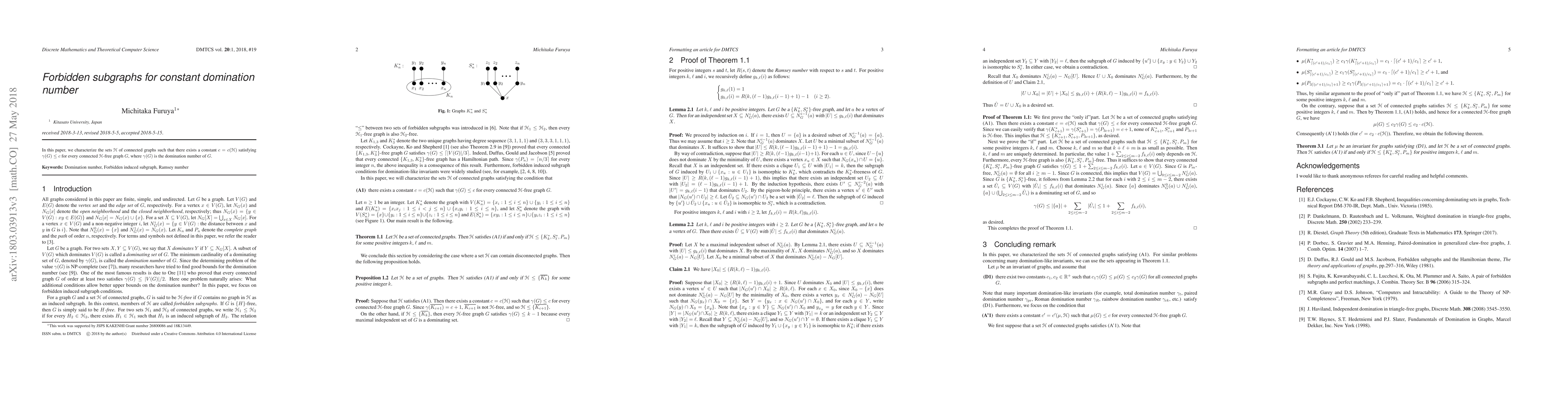 Thumbnail for Forbidden subgraphs for constant domination number