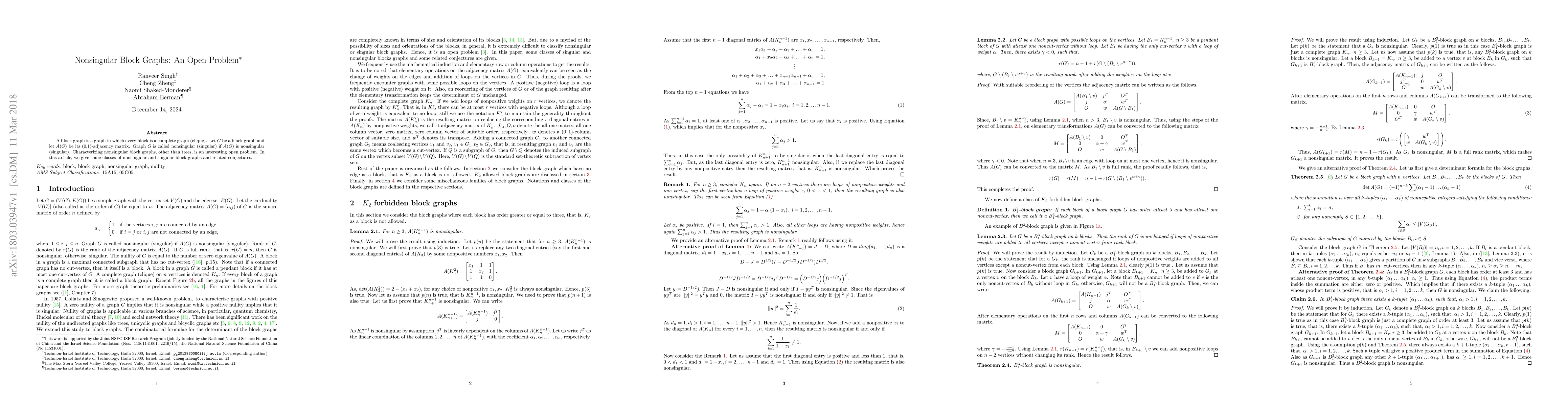 Thumbnail for Nonsingular Block Graphs: An Open Problem
