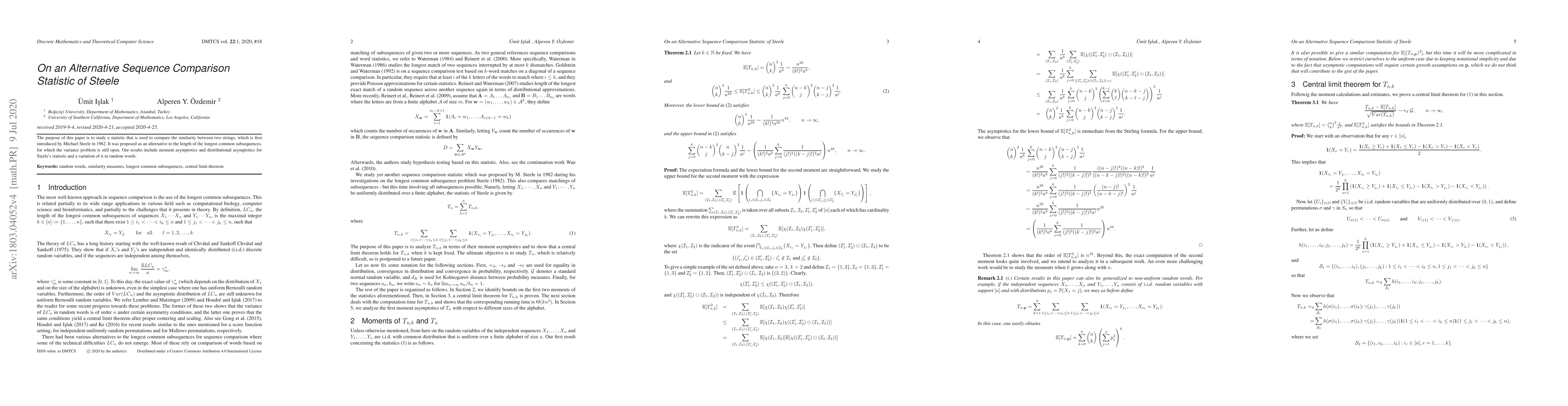 Thumbnail for On an alternative sequence comparison statistic of Steele