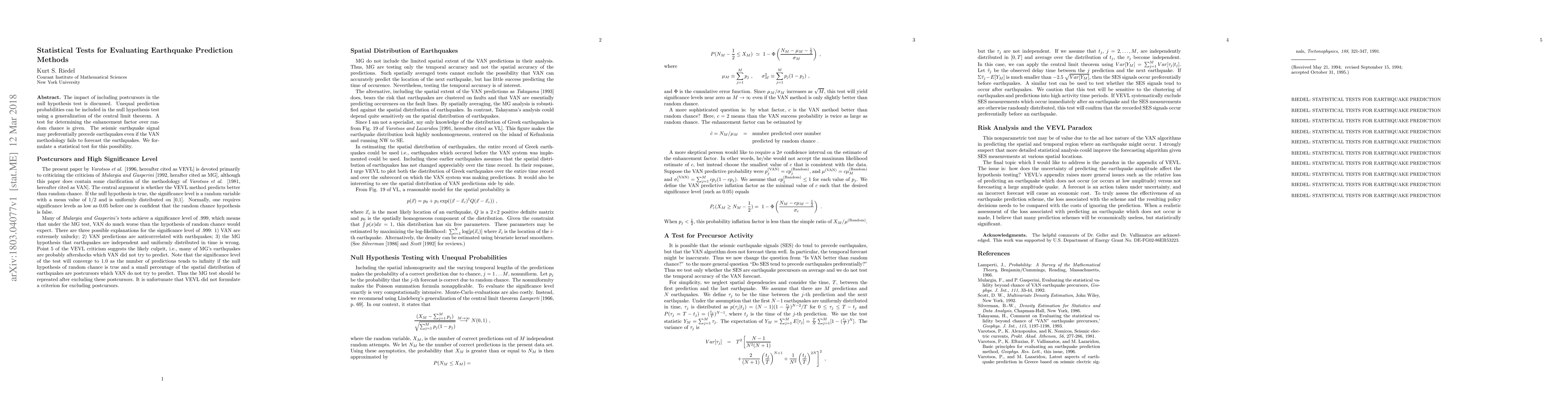 Thumbnail for Statistical tests for evaluating an earthquake prediction method