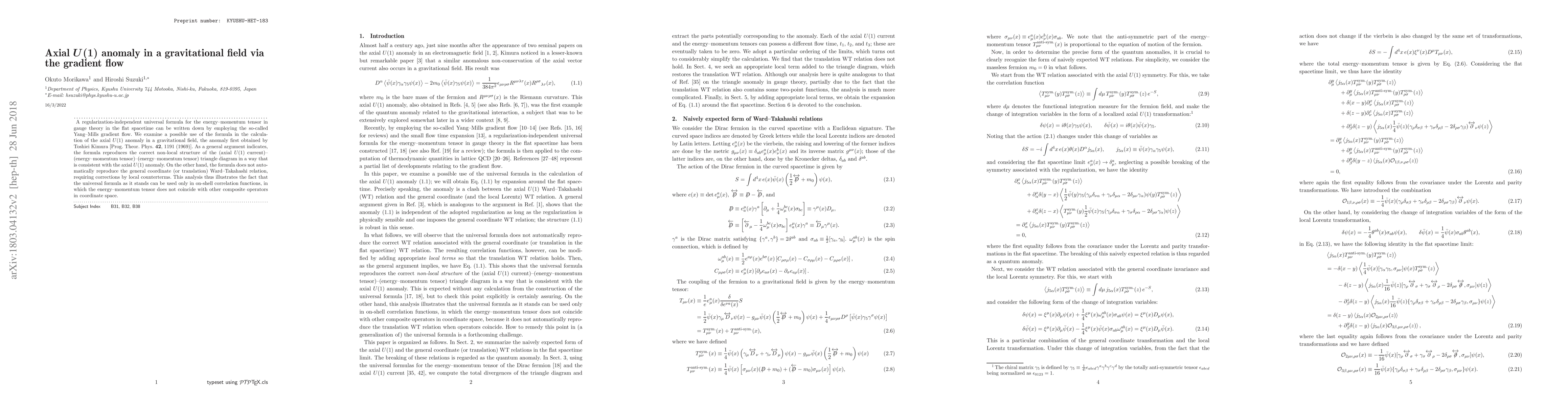 Thumbnail for Axial $U(1)$ anomaly in a gravitational field via the gradient flow