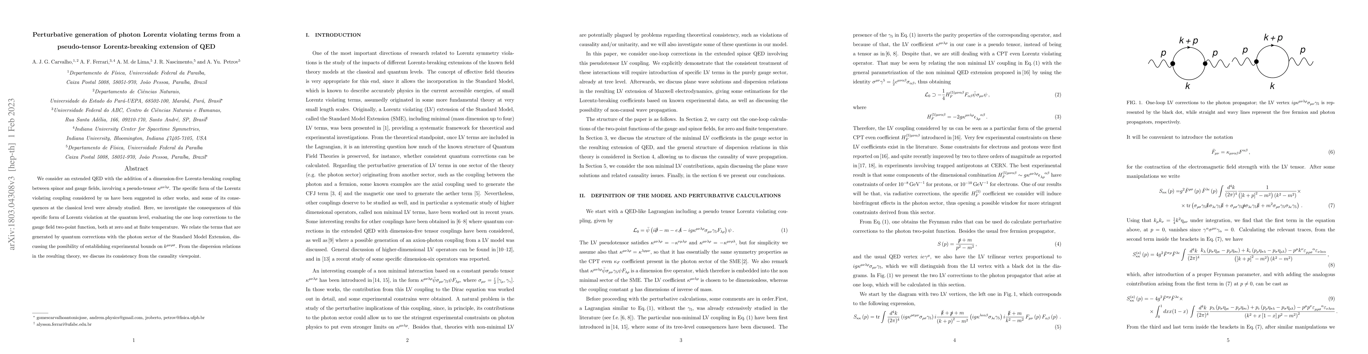 Thumbnail for Perturbative generation of photon Lorentz violating terms from a
  pseudo-tensor Lorentz-breaking extension of QED