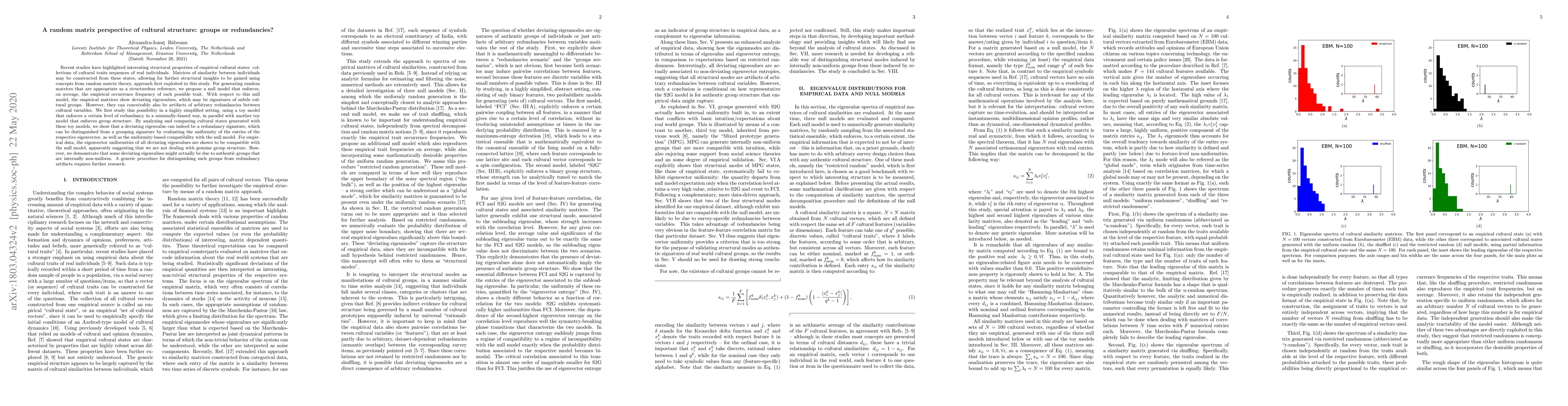 Thumbnail for A random matrix perspective of cultural structure: groups or
  redundancies?