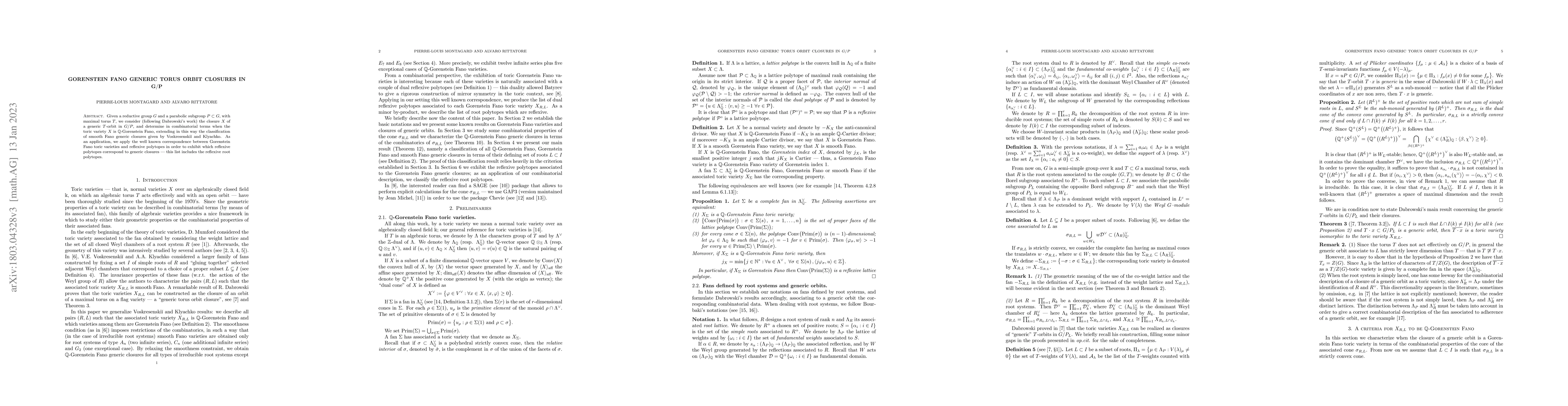 Thumbnail for Gorenstein Fano Generic Torus Orbit closures in $G/P$
