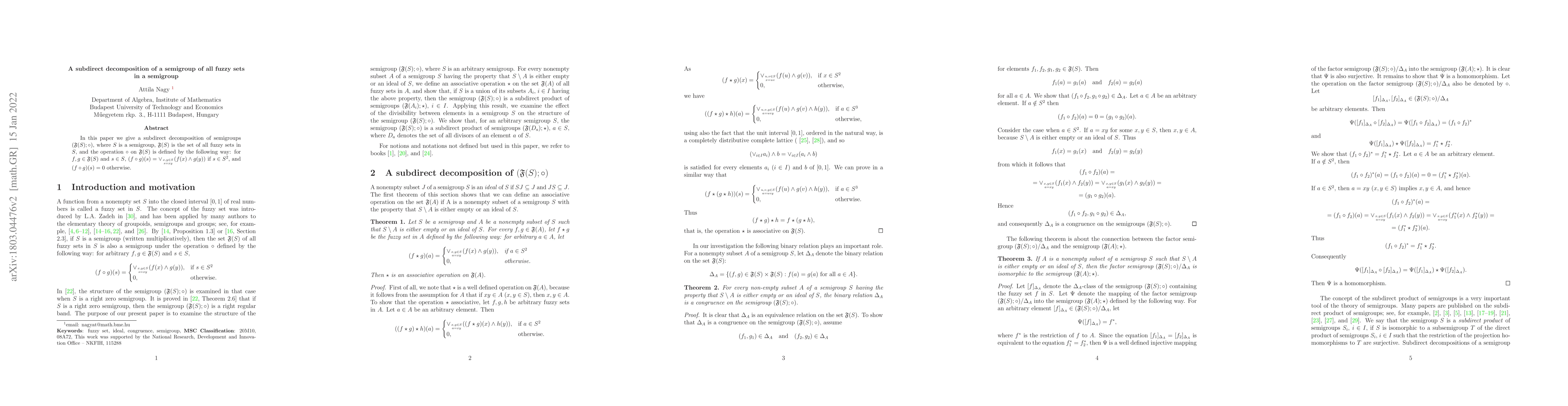 Thumbnail for A subdirect decomposition of a semigroup of all fuzzy sets in a
  semigroup