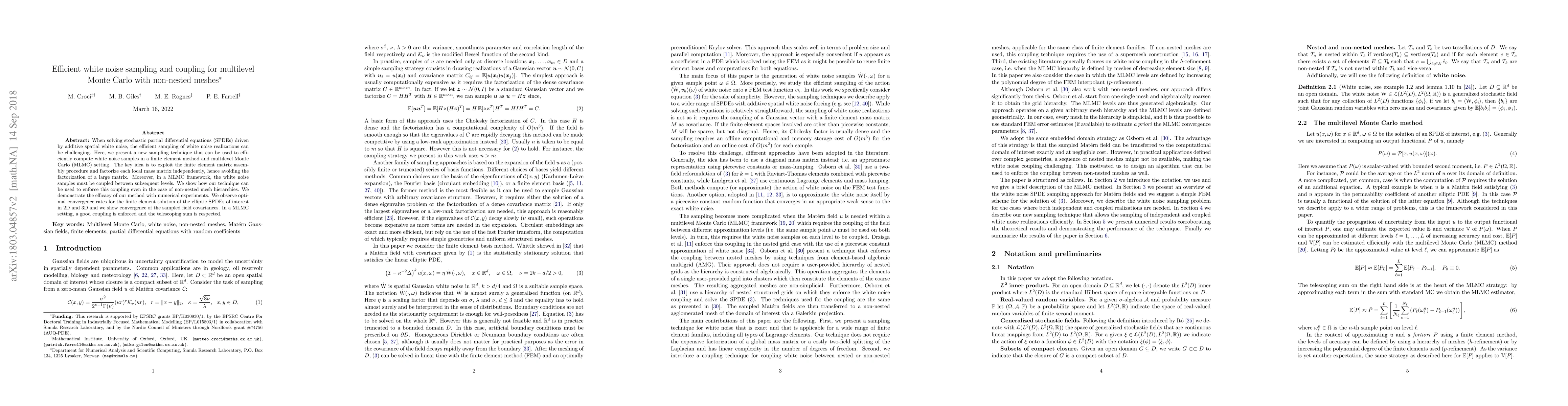 Thumbnail for Efficient white noise sampling and coupling for multilevel Monte Carlo
  with non-nested meshes