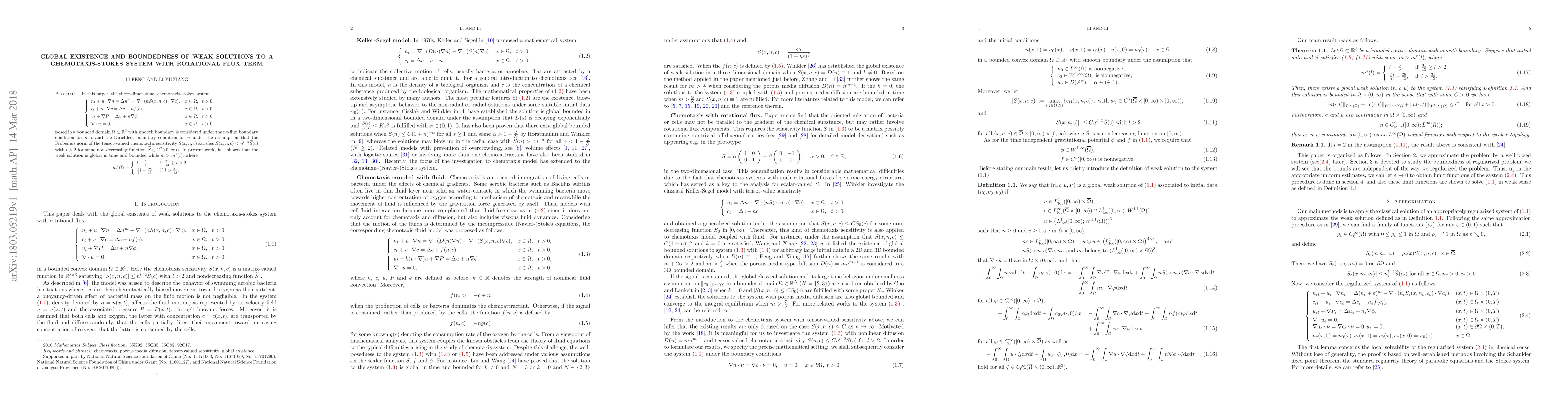 Thumbnail for Global existence and boundedness of weak solutions to a
  chemotaxis-stokes system with rotational flux term