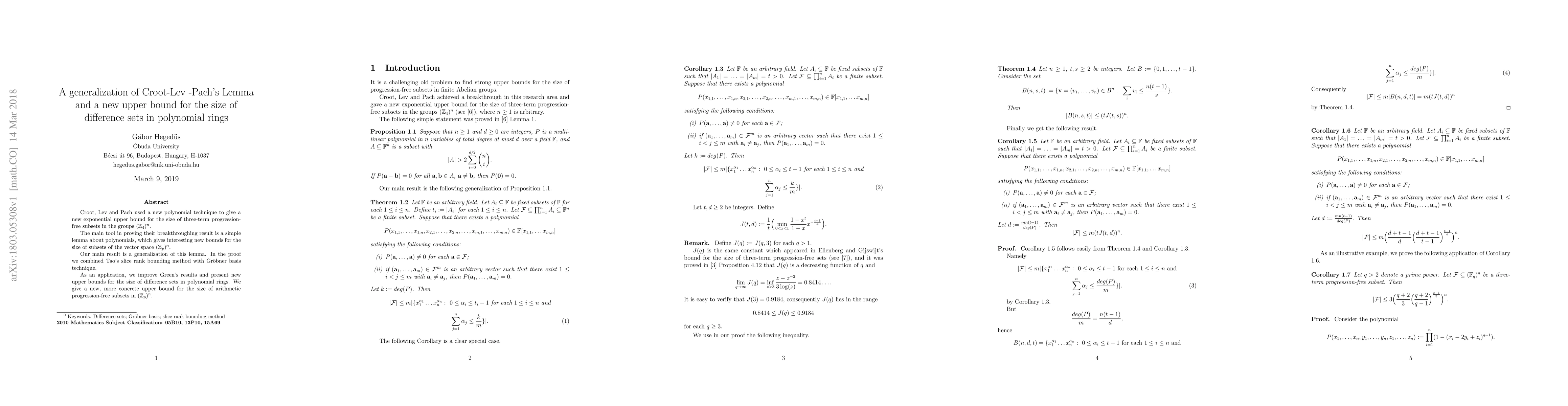 Thumbnail for A generalization of Croot-Lev-Pach's Lemma and a new upper bound for the
  size of difference sets in polynomial rings