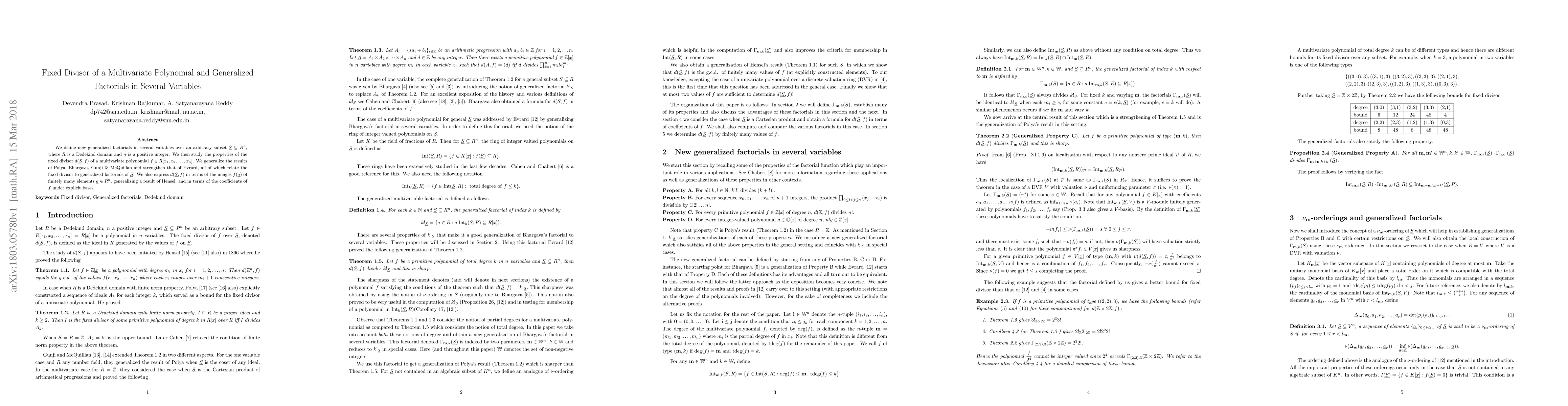 Thumbnail for Fixed Divisor of a Multivariate Polynomial and Generalized Factorials in
  Several Variables